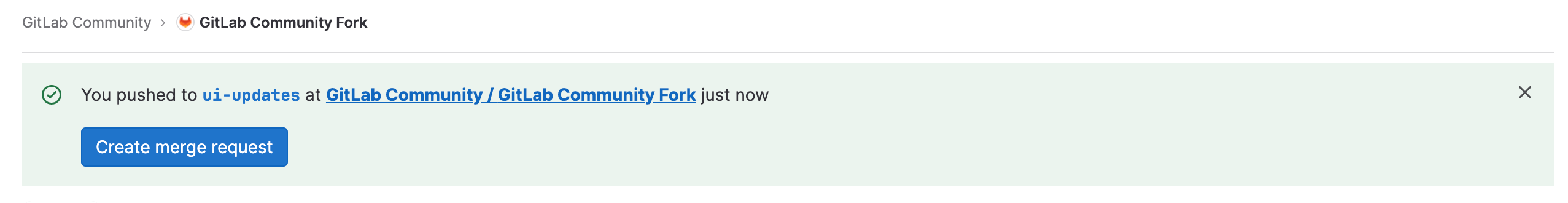 A banner prompting the user to create a merge request in response to recently pushed changes